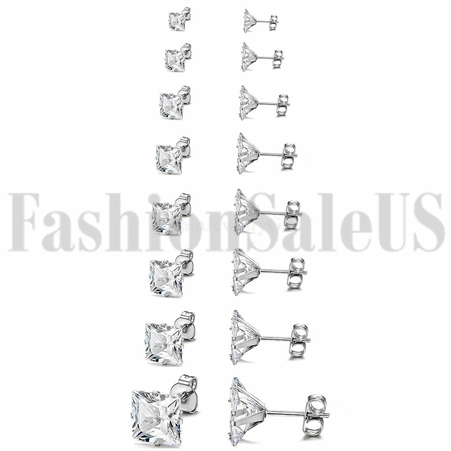 16pcs Square Cubic Zirconia Stainless Steel Ear Stud Piercing 3-10mm Earrings
