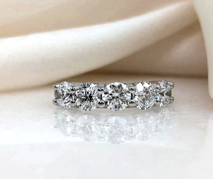 Natural 2.50 Cts Round Cut Diamond Real 14k White Gold Half Eternity Band Ring