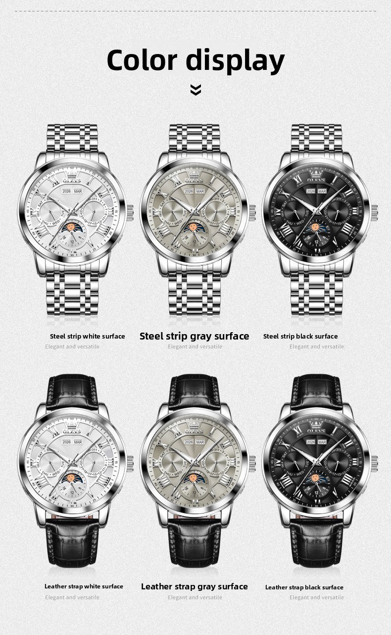 OLEVS Moon Phase Automatic Mechanical Men Watch Self-wind Skeleton Leather Band