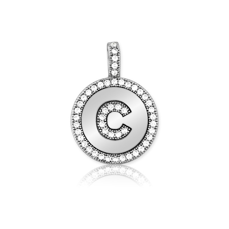 Sterling Silver Sparkling Micro Pave Circle “C” Pendant W/Chain Rhodium Plated