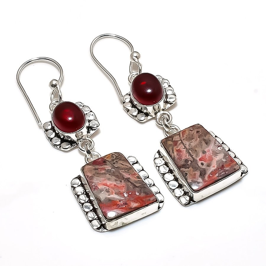 Leopard Skin, Garnet Gemstone 925 Sterling Silver Jewelry Earring 2.36″