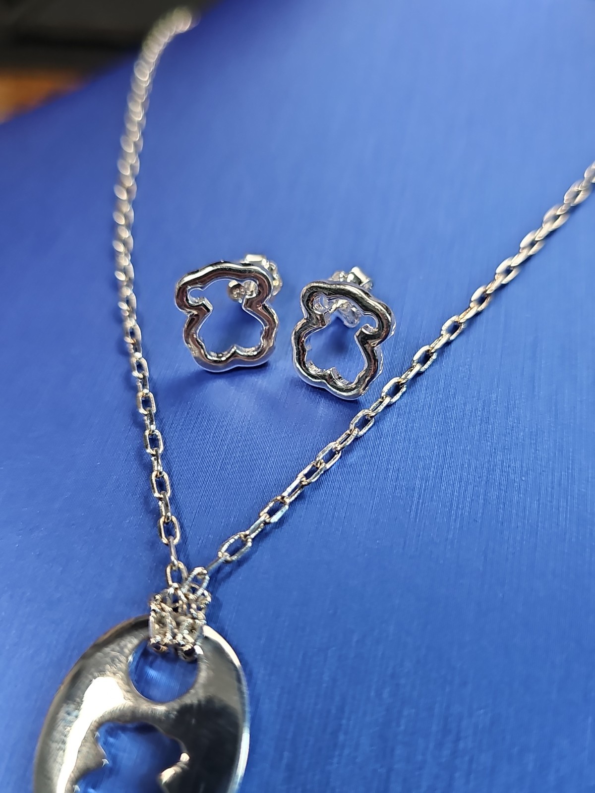 Tous Teddy Bear Pendant Necklace Earring Set Openwork S925 Sterling Silver 16″
