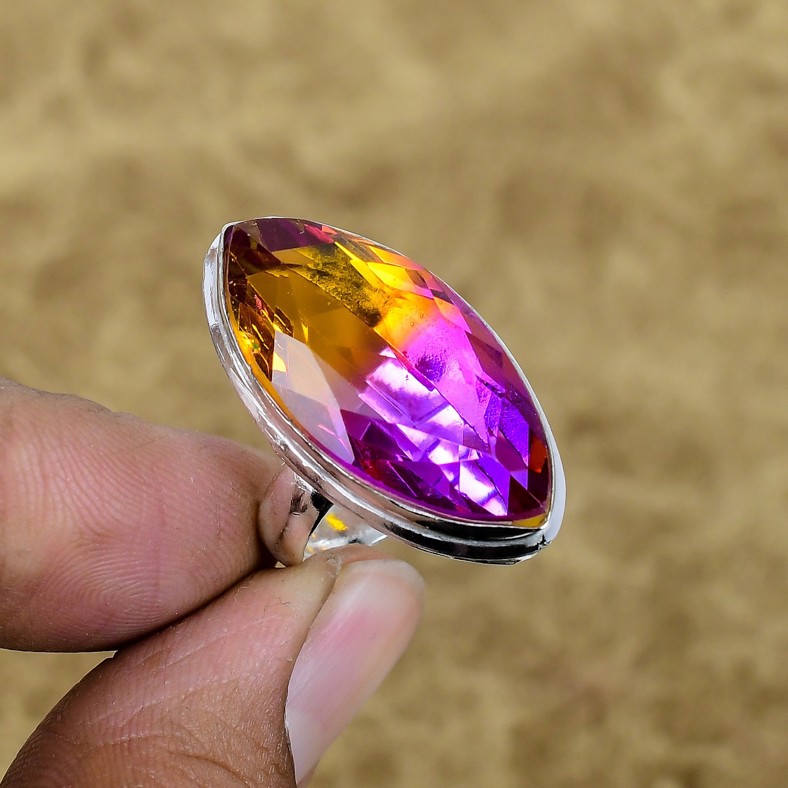 Natural Ametrine Marquise Gemstone Adjustable Ring 925 Sterling Silver Jewelry