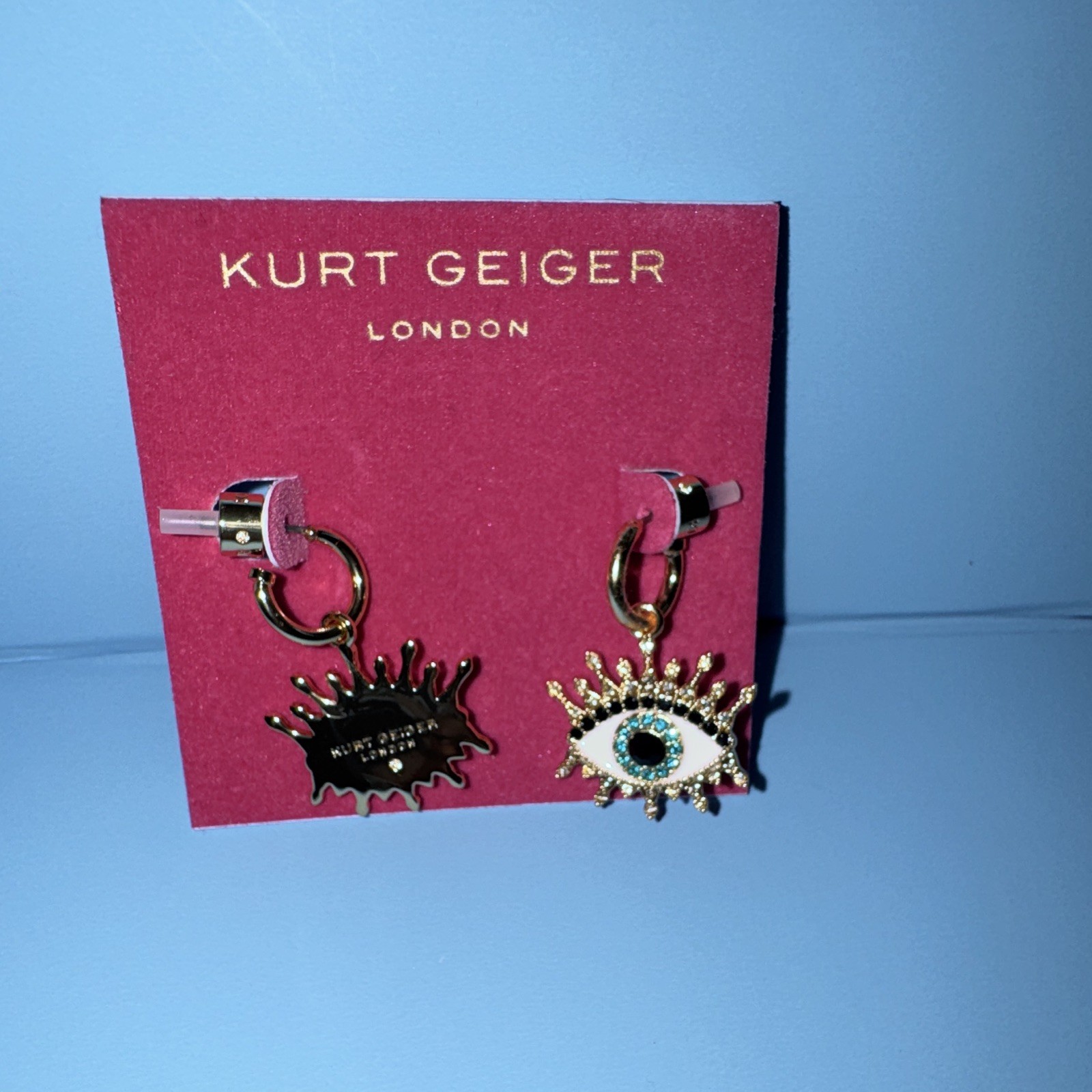 Kurt Geiger Evil Eye Asymmetrical Hoop Drop Earrings Crystal Pavé Gold Tone
