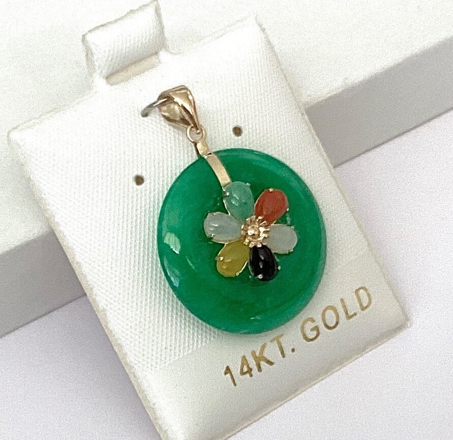 Solid 14K Yellow Gold Green Jade & Multicolor Jade Flower Pendants NEW