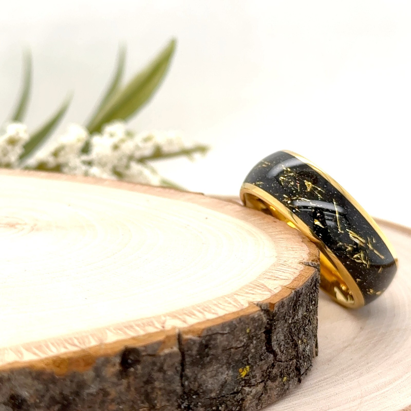 Yellow Gold Tungsten Wedding Ring 8MM Black With Gold Meteorite Inlay Band