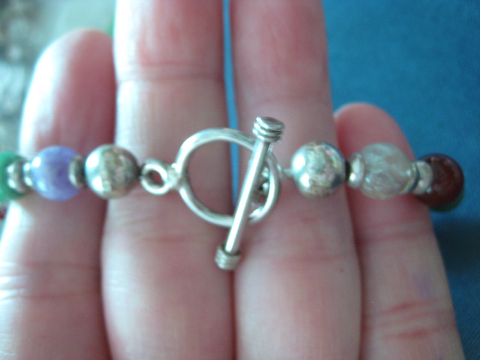 Sterling Silver Multi Bead Gemstone Toggle Clasp Bracelet 7.5″ (C9)