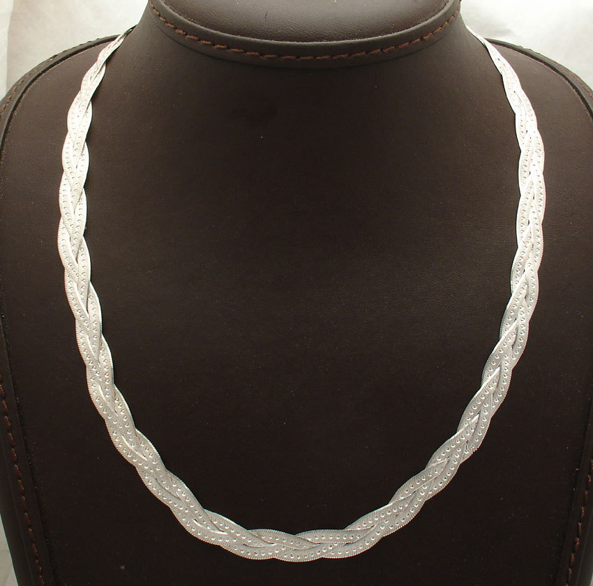 Reversible Triple Woven Herringbone Chain Necklace Solid Sterling Silver ITALY