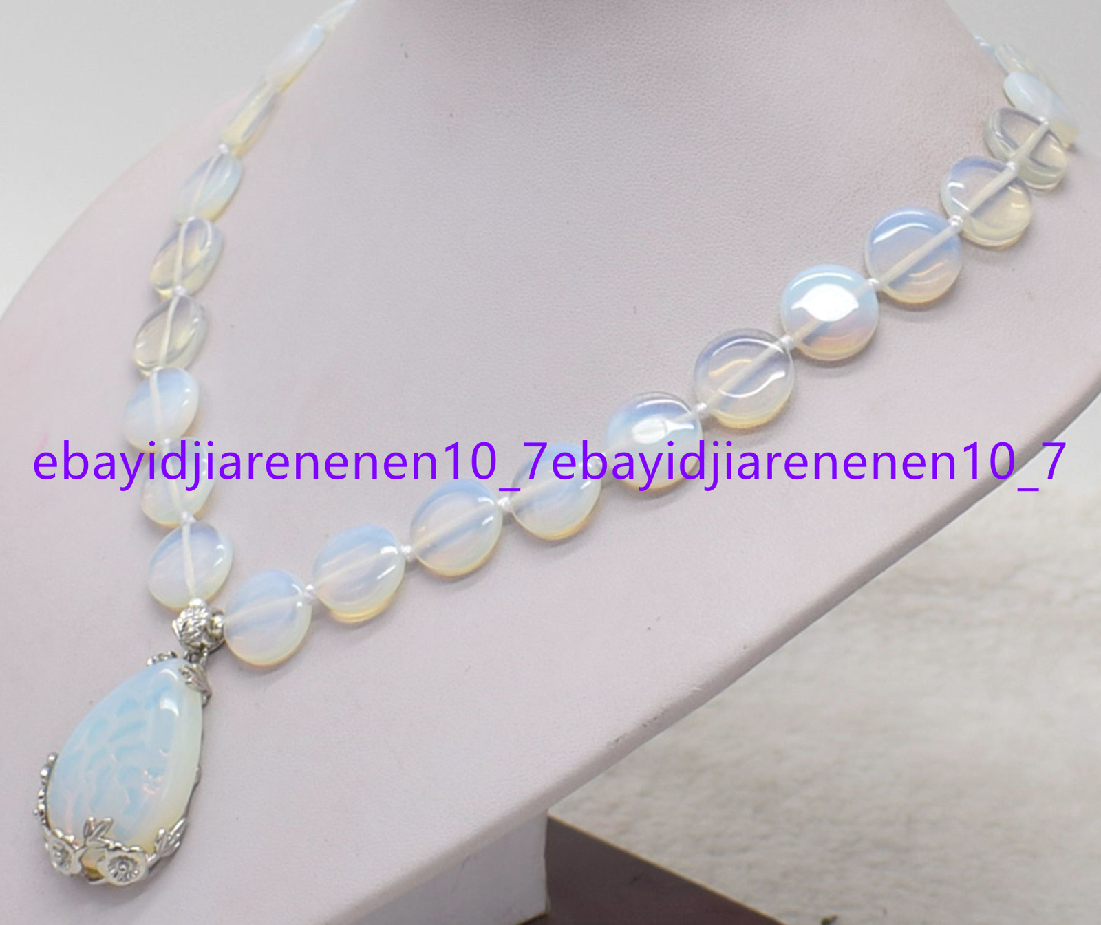 Natural White Moonstone Gemstone Coin Beads & Oval Pendant Necklace 18-24 in