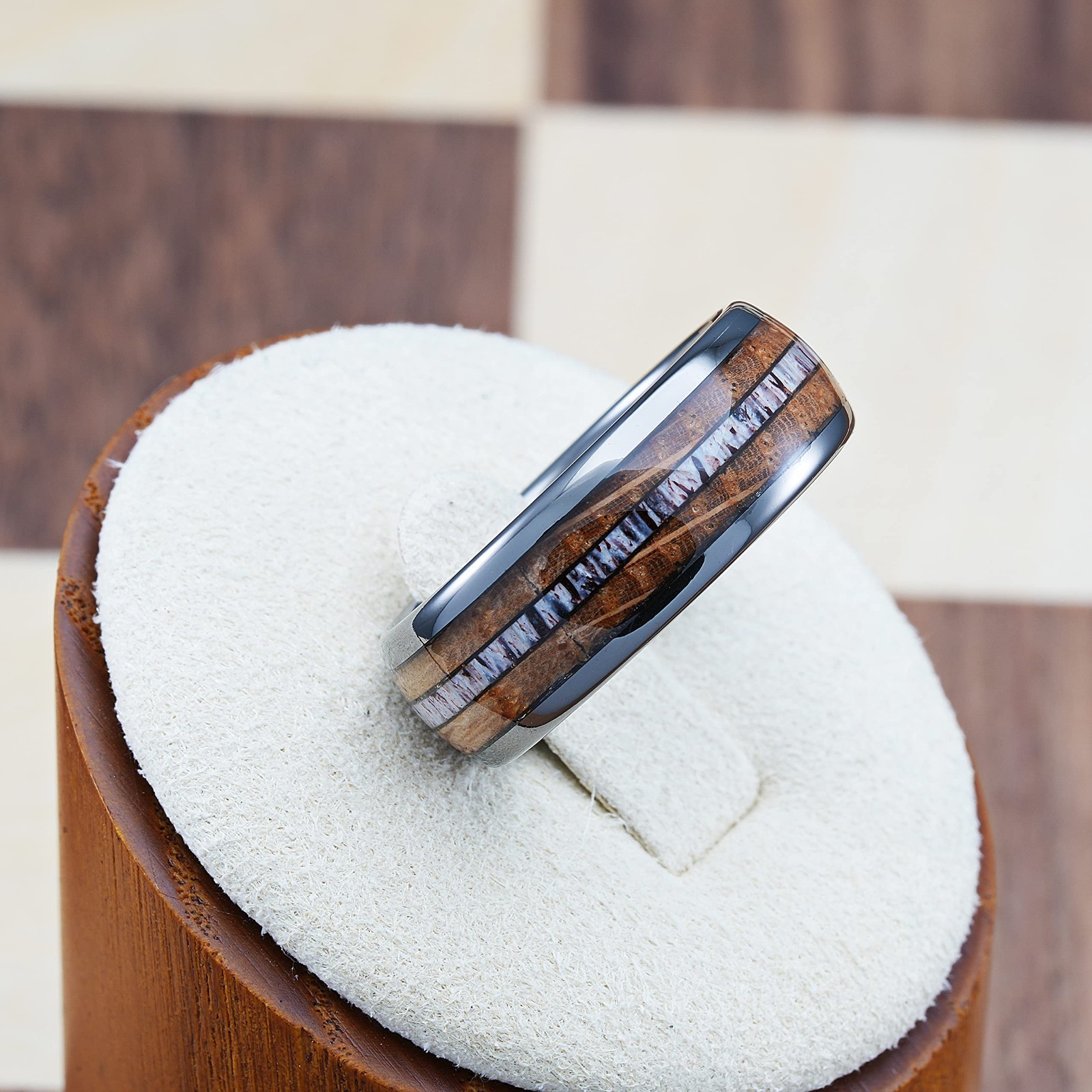 Gunmetal Gray Tungsten Wedding Ring for Men, Whiskey Barrel Wood & Elk Antler In