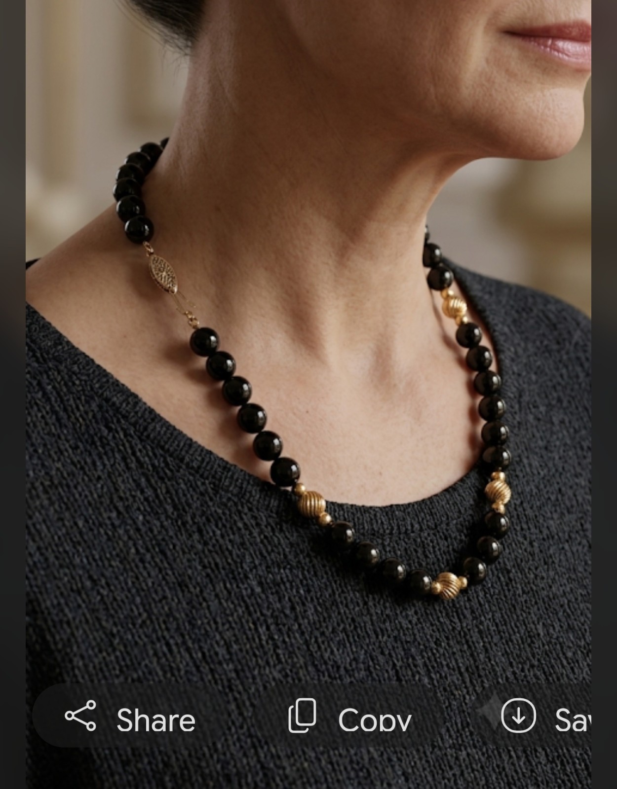 Black Onyx 14k Round Beaded Necklace w/ Leaf Clasp, Stone/Metal, 24in