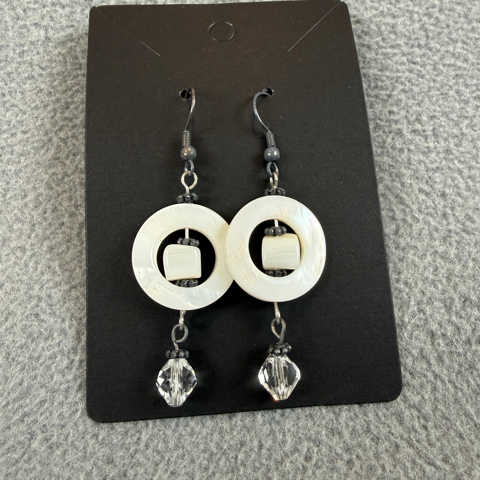White Beaded Dangle Drop Earrings Round Hoop Clear Bead Gunmetal Tone Jewelry