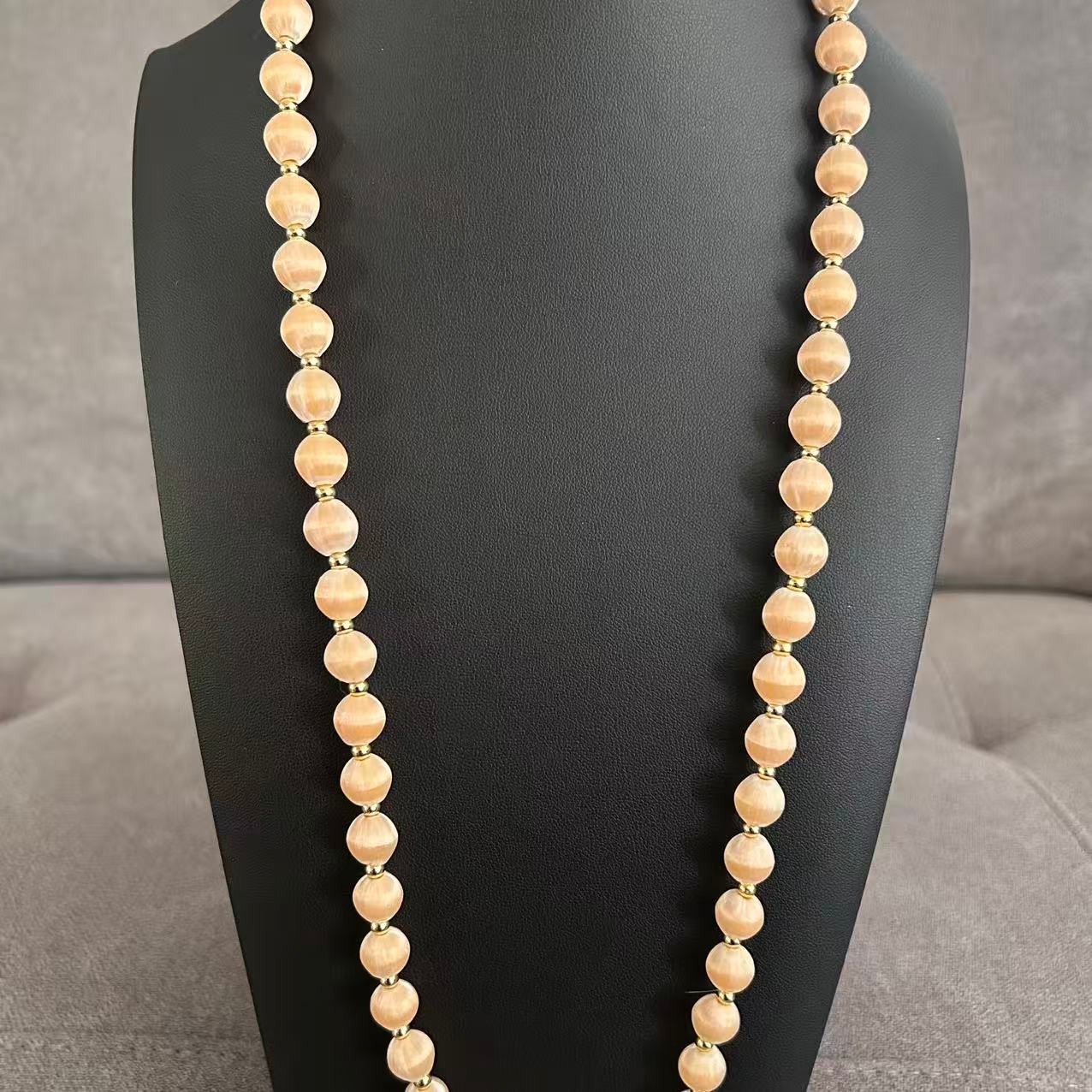 Vintage Peach Pink Silk Satin Thread Wrapped Bead Single Strand Necklace 30″