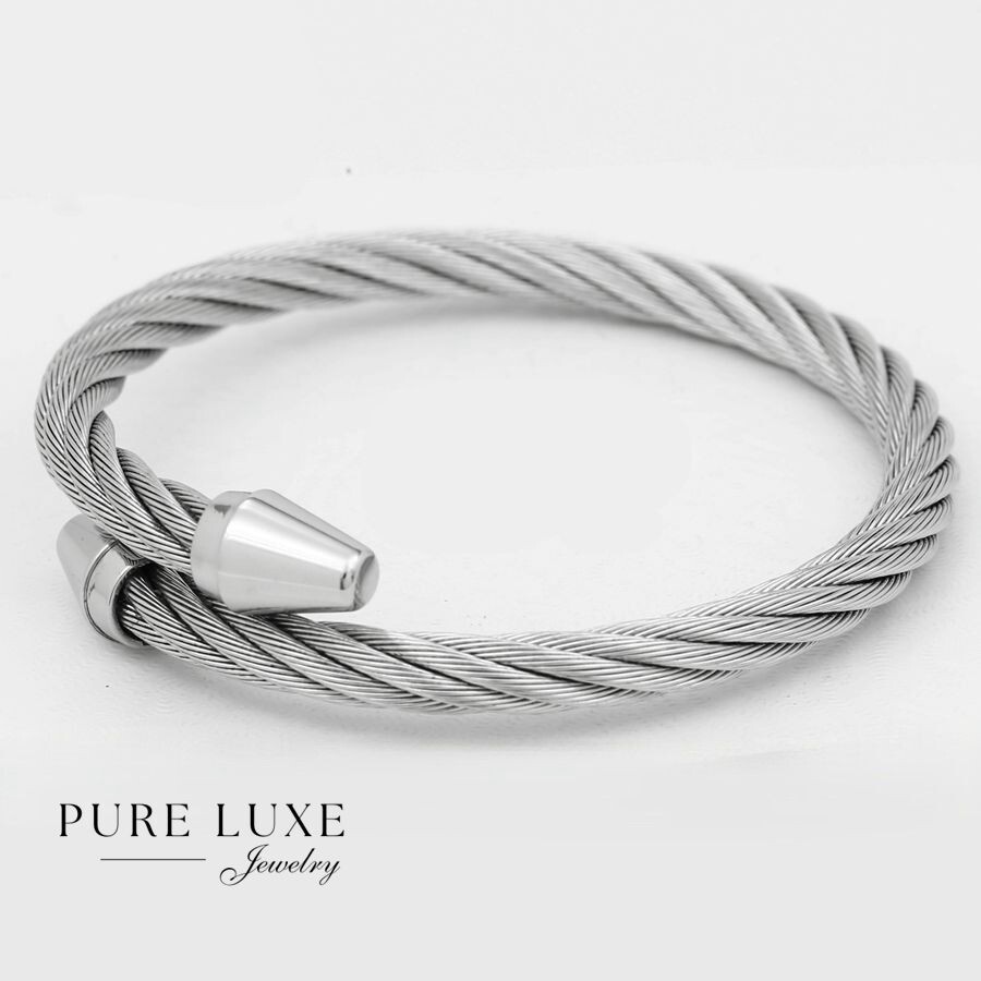 Men’s Silver Stainless~Steel.Bangle Cable Adjustable Bracelet*Unisex + Box