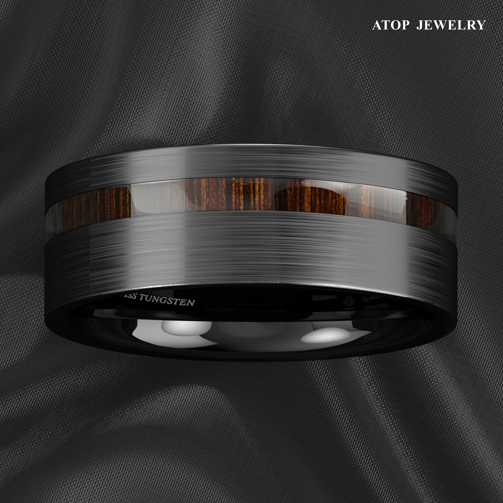 8mm Black Brushed Tungsten Carbide Ring Off Center Koa Wood ATOP Wedding Band