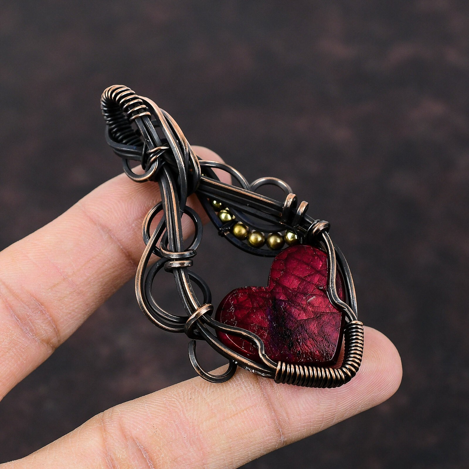 Red Fire Labradorite Copper Gift For Love Wire Wrapped Pendant 2.95″