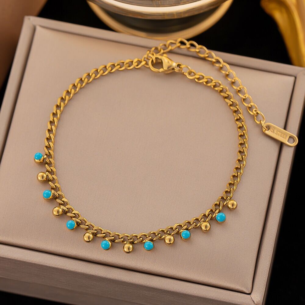 Woman 18K Gold Plated Stainless Steel Beaded Enamel 3mm Bangle Bracelet 7.9”