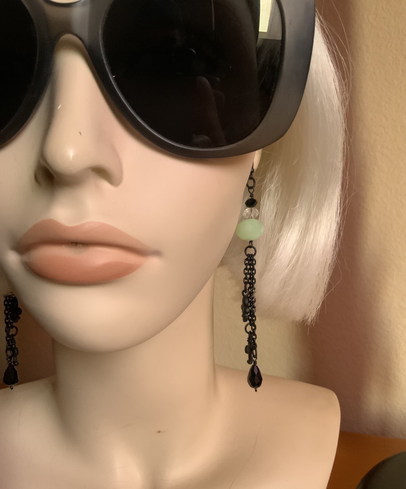 ORIGINAL OOAK Design Black/Green Glass Bead Dangle Earrings,Fleur de lis, Cross