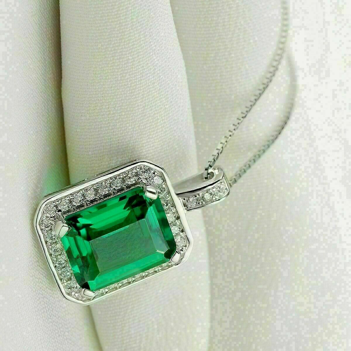 2.50Ct Emerald Cut Green Emerald Pendant 14K White Gold Finish 18″ Free Chain