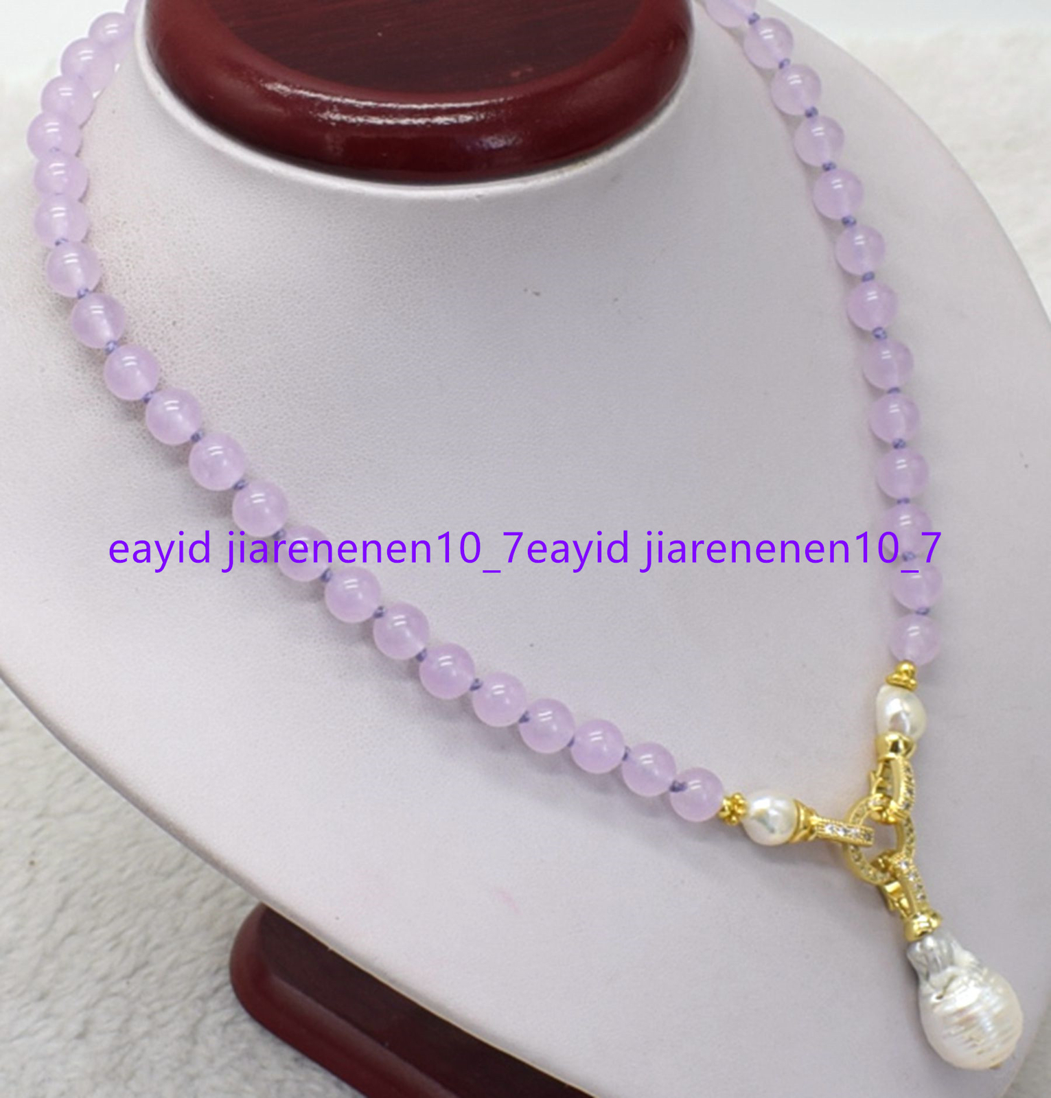 10mm Lavender Jade Round Beads & White Baroque Pearl Pendant Necklace 16-28 in