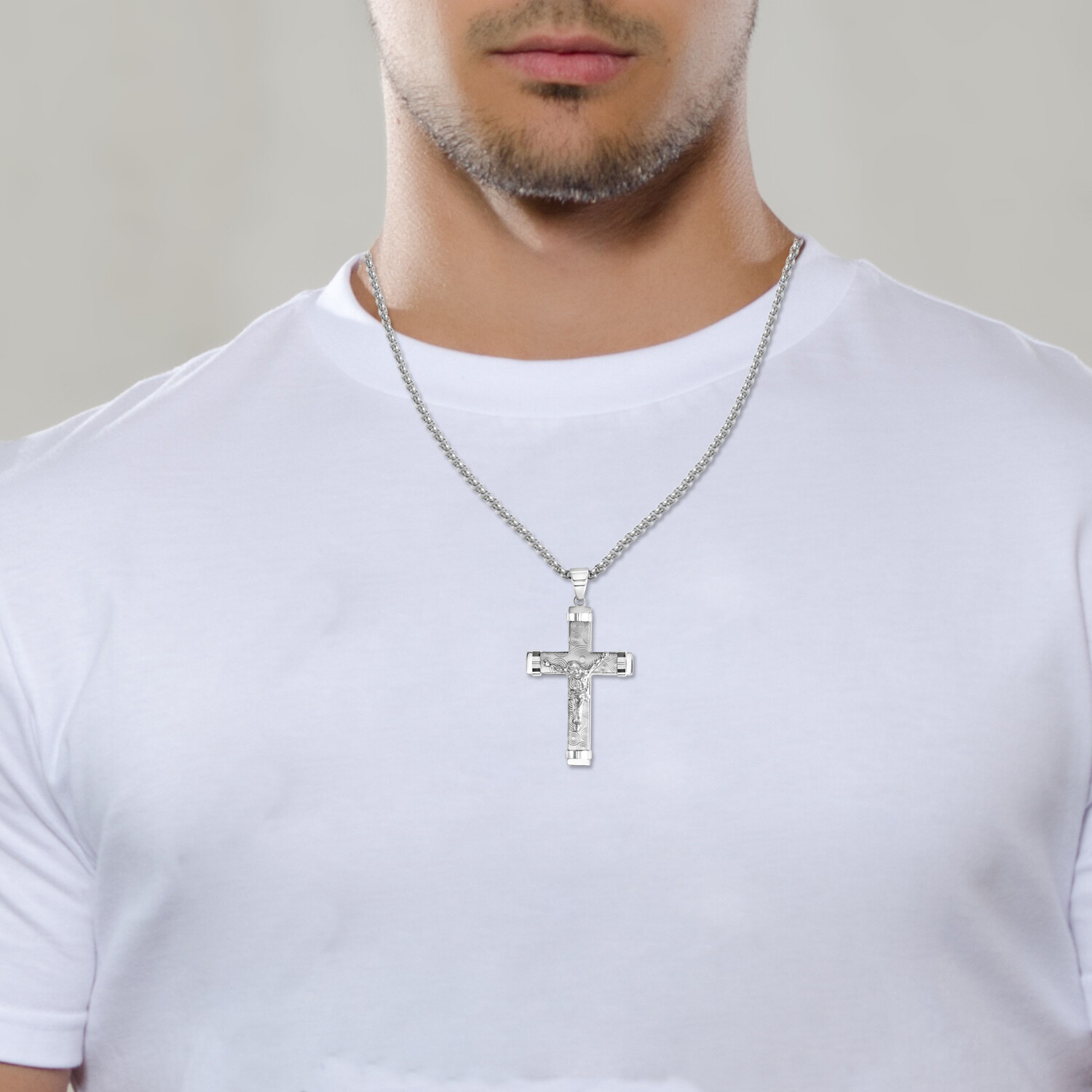 Men’s Silver Plated Christ Jesus Cross Crucifix Stainless Steel Pendant Necklace