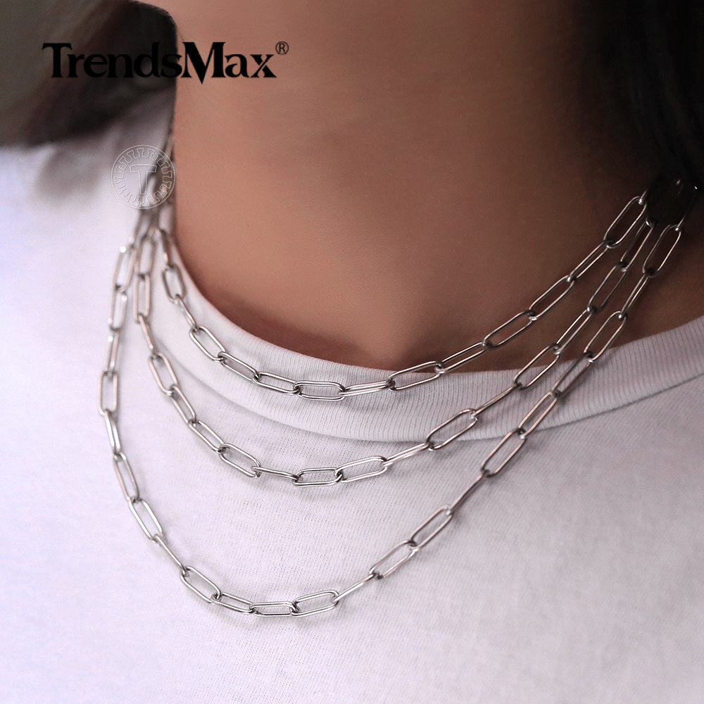 4mm 16-20 inch Stainless Steel Paperclip Chain Necklace Men Women Choker Jewelry