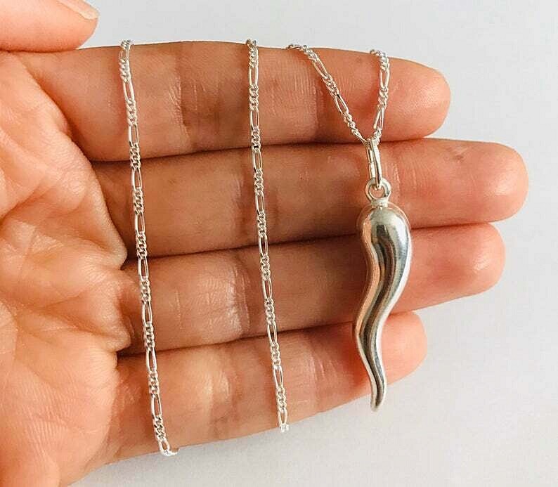 925 Silver Italian Horn,Cornecello,Chili Necklace 18″ / 925 Cadena Cuerno – SP55
