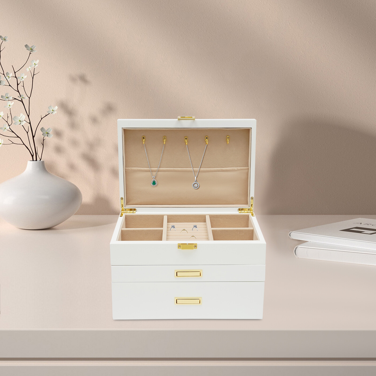Jewelry Storage Box W/ Safe Lock 3 Layers Large Capacity Organizer with 2 Drawer