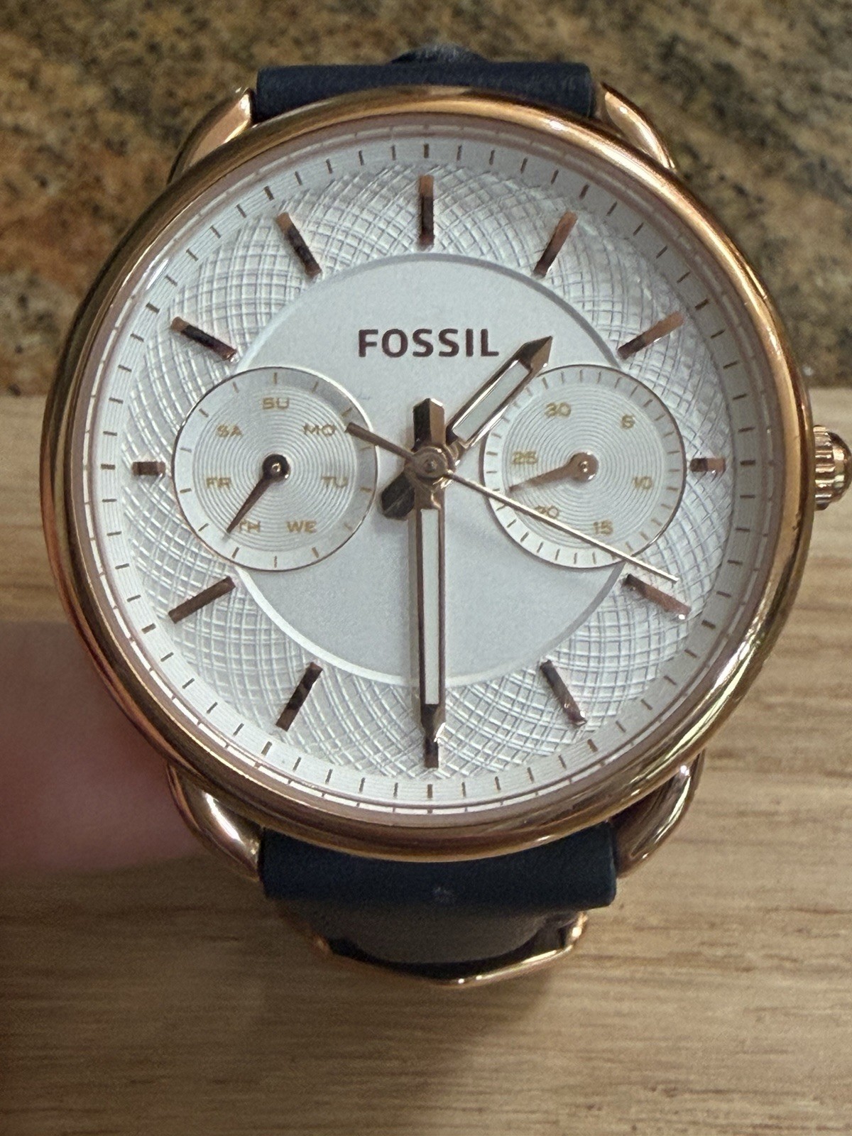 Fossil ES4260 Quartz Rose Gold Watch Silver Dial Blue Leather *Needs Battery*