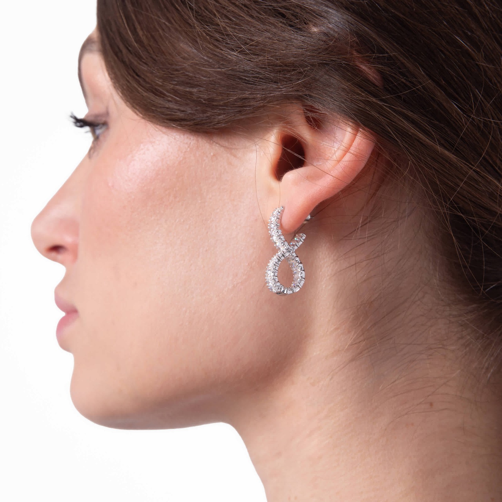 Swarovski Hyperbola Pierced Earrings Hoop Twist Rhodium Shiny White