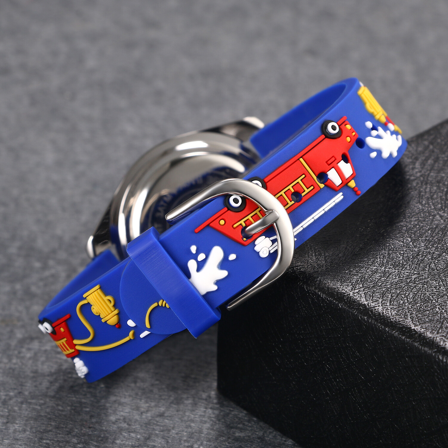 Children Rotatable Bezel Watch 3D Cute Kids Boy Fire Truck Strap Blue Wristwatch