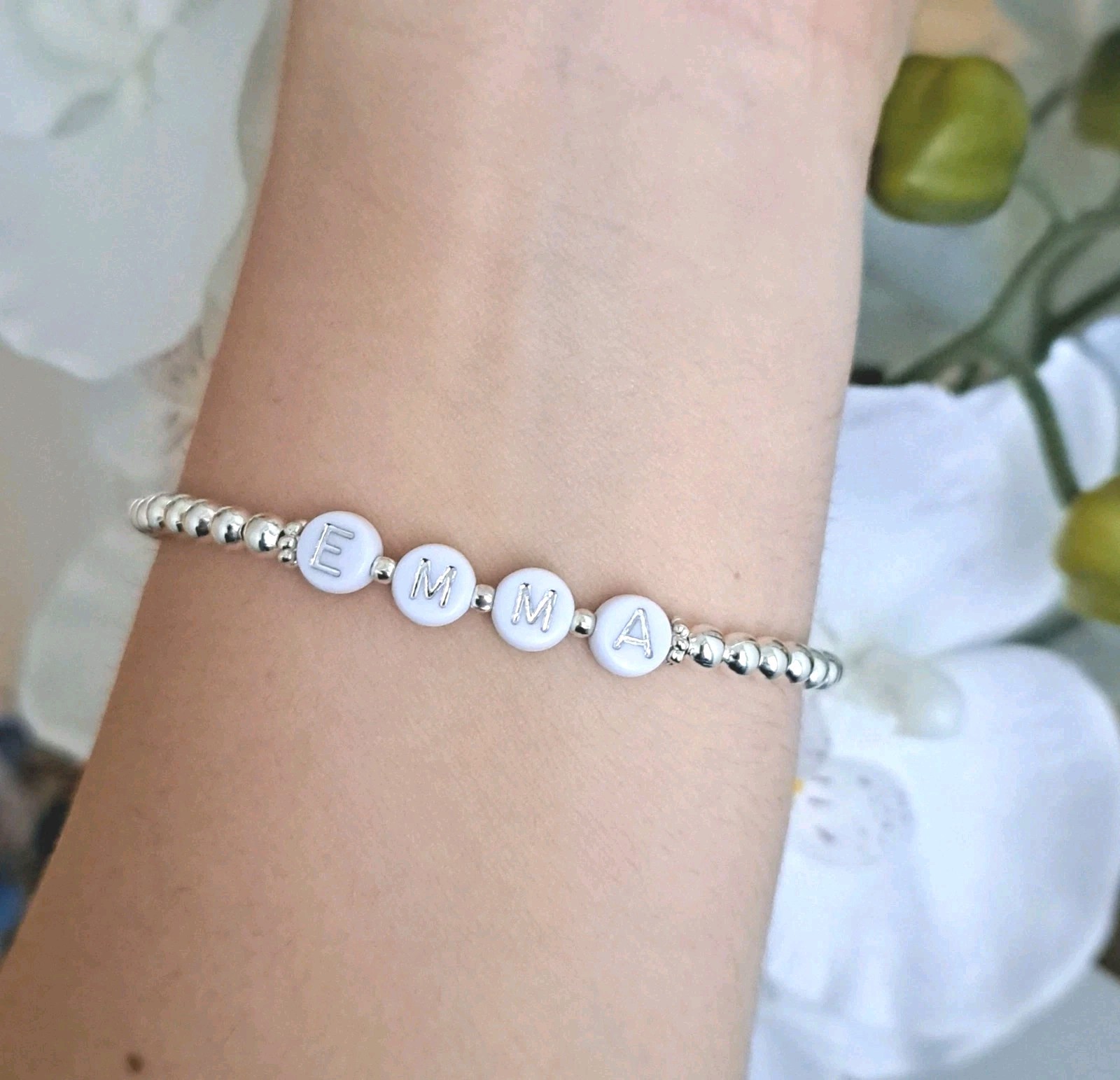 Name or Initial Bracelet Silver Beaded Stretchy Stacking Gift for Women or Kids
