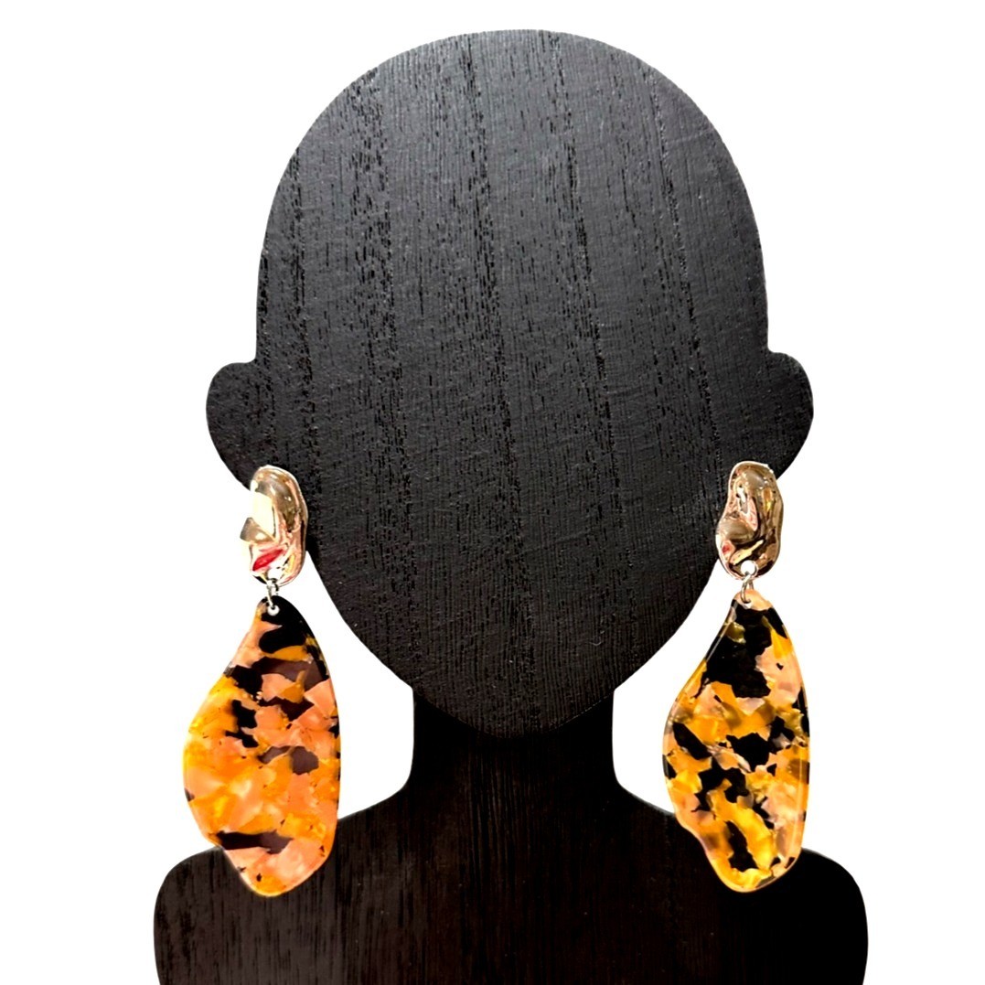 Acrylic Resin Drop Earrings With Abstract Gold Tone Studs Pink Black Mosaic NWOT