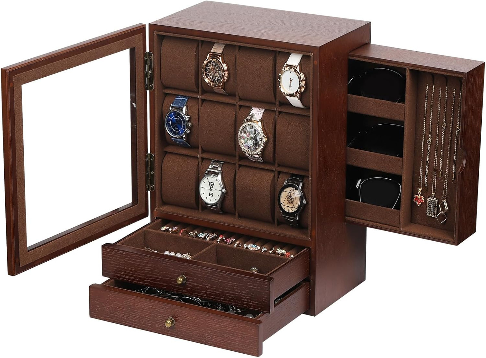 Wooden Watch Jewelry Box with Glass Front, 12 Slot Vertical Display Case with