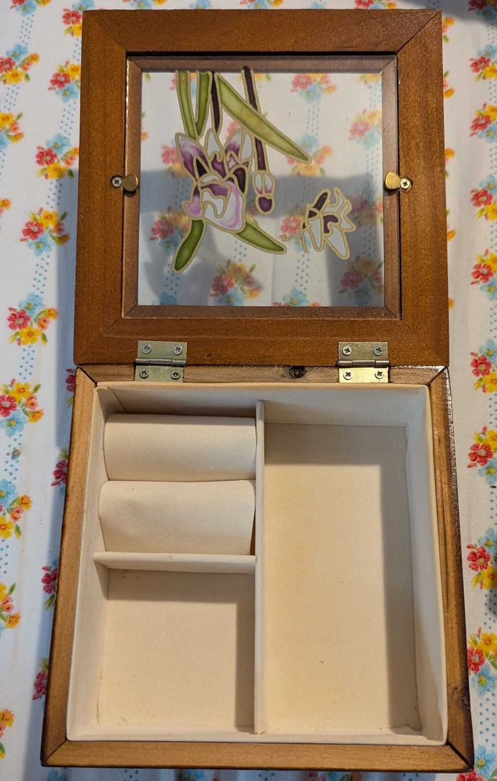 Wood Jewelry Box Organizer w/ Glass Lid, Lined Compartments, Ring, Brown