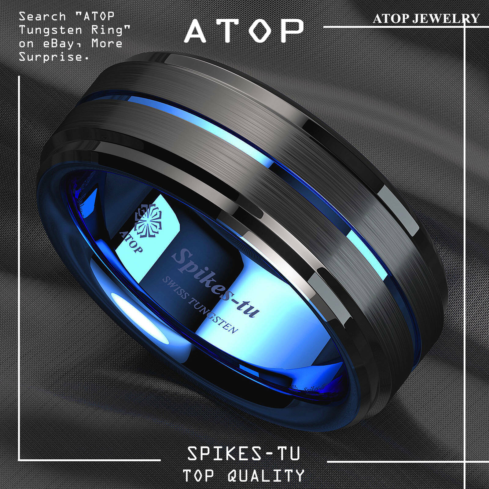 8mm Black Brushed Ladder Edge Tungsten Ring BLue Stripe ATOP Mens Wedding Band