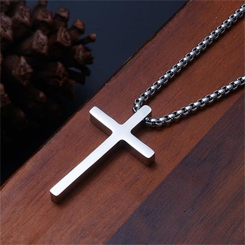 Cross Necklace for Men,Silver Stainless Steel Plain Cross Pendant Necklace