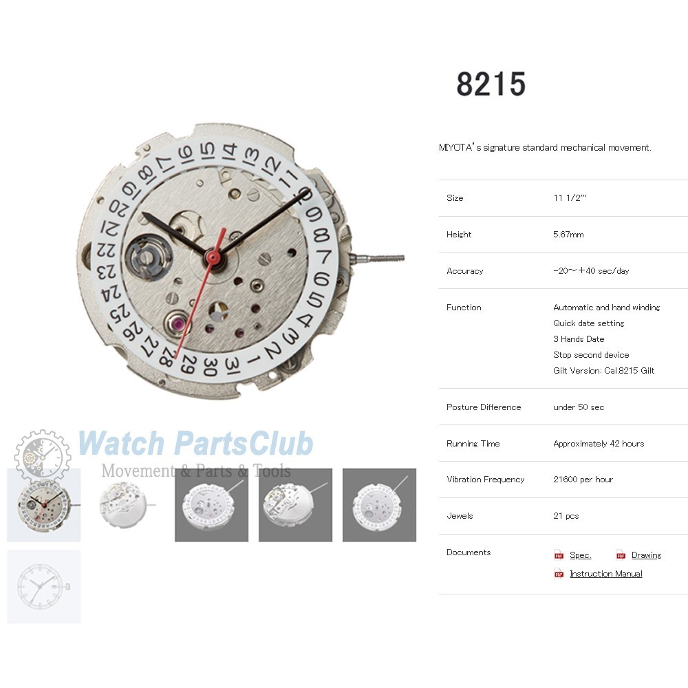 Miyota 8215 Automatic Movement 3 O’clock Date Hacking Stop Second Function