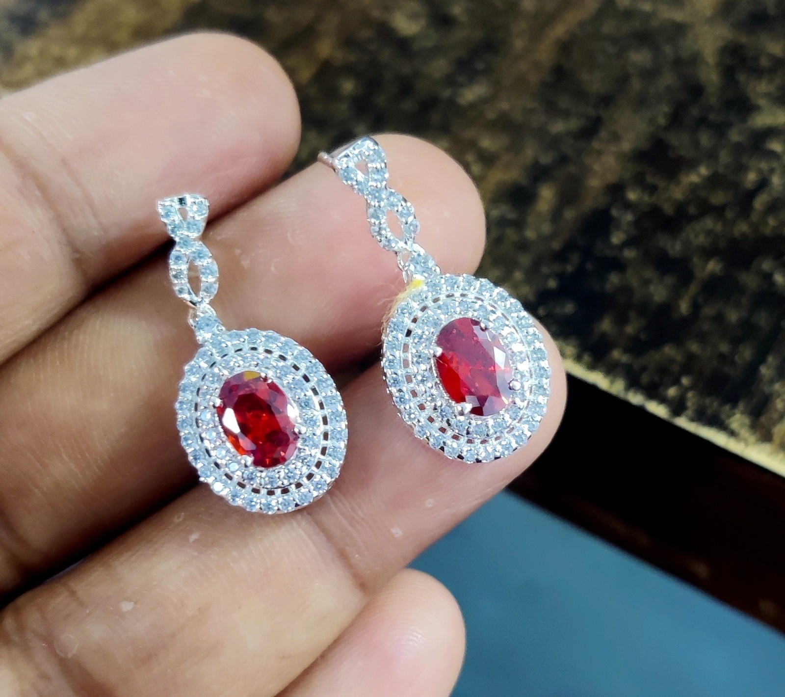 2Ct Oval Lab Created Garnet Halo Drop & Dangle Earrings 14k White Gold Plated