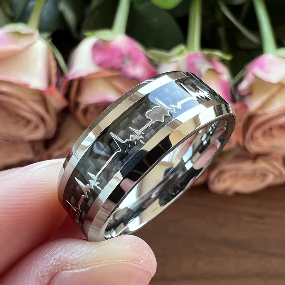 8mm Carbon Fiber Heart Inlay Tungsten Carbide Wedding Band Ring Men Jewelry
