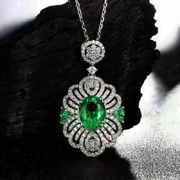3Ct Oval Cut Green Emerald Gorgeous Pendant 14K White Gold Finish Free Chain