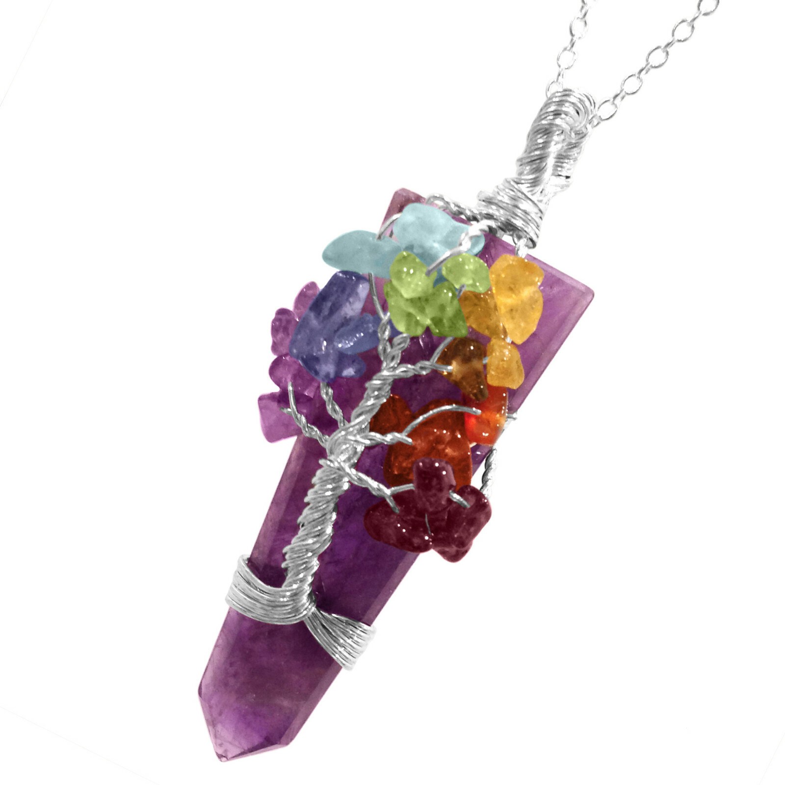 Wire Wrap Pendant Amethyst Crystal Pendant Tree Life 7 Chakra Gemstone Necklace