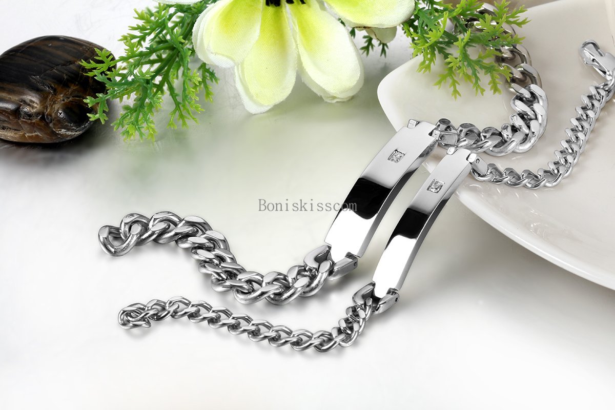 Silver Stainless Steel Cuban Curb Chain ID/Identification Bracelet for Lovers
