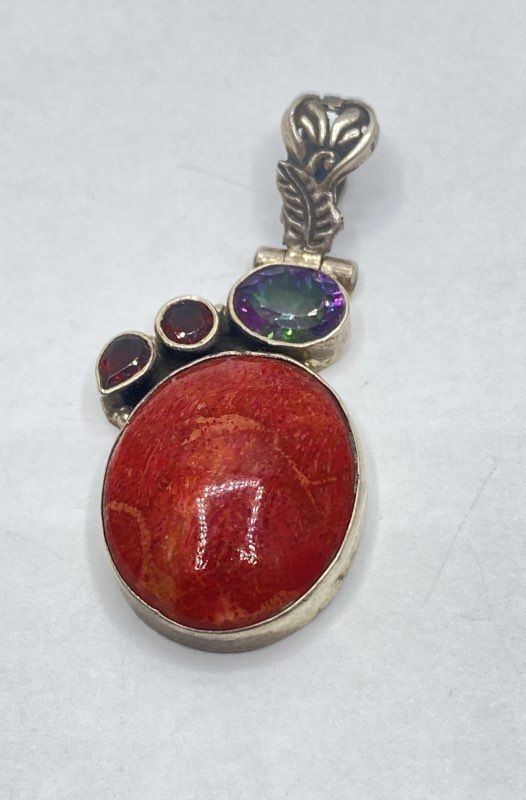 Sterling Silver 925 Red Oval Cabochon Mystic Topaz Multi-Stone Pendant 2″