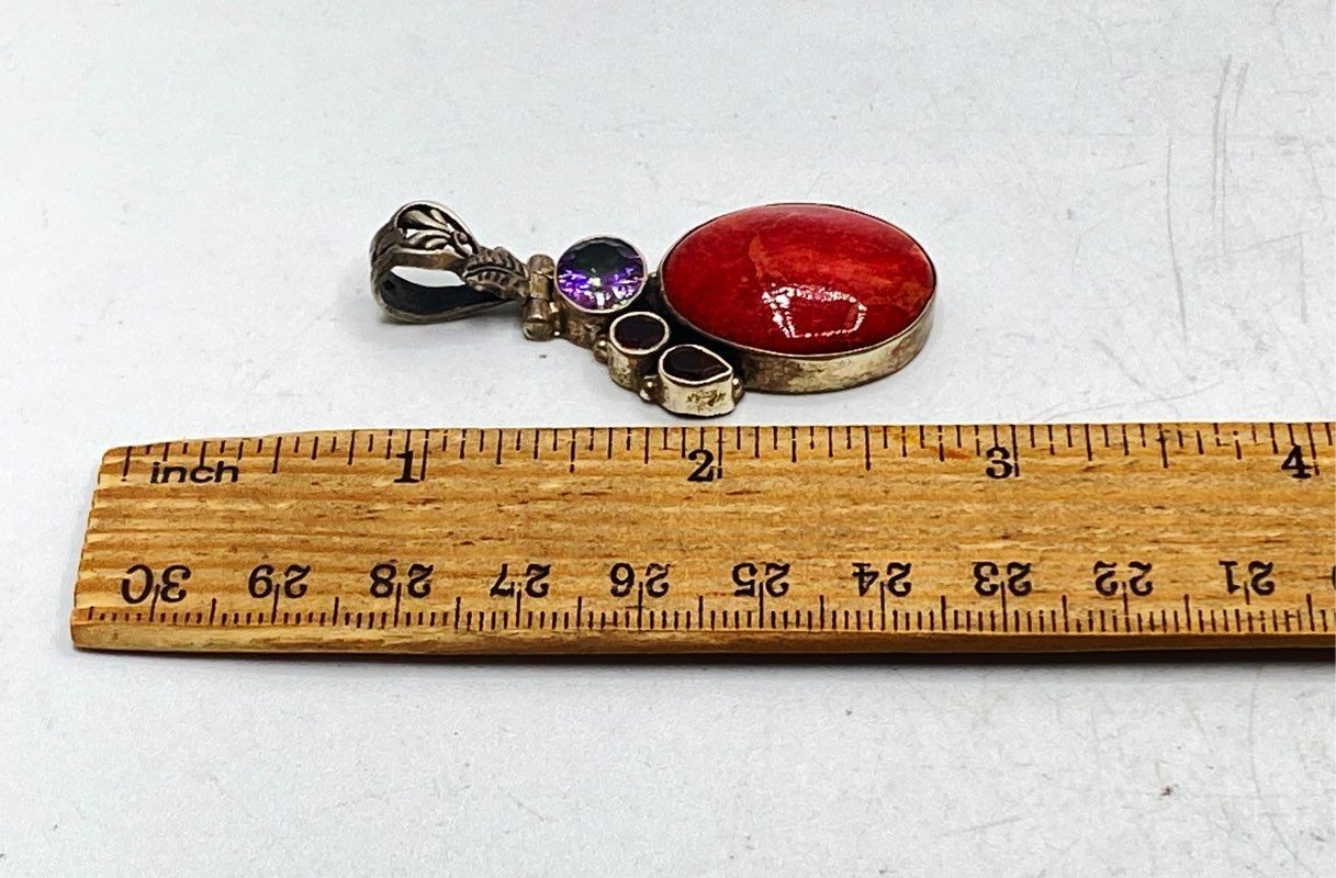 Sterling Silver 925 Red Oval Cabochon Mystic Topaz Multi-Stone Pendant 2″