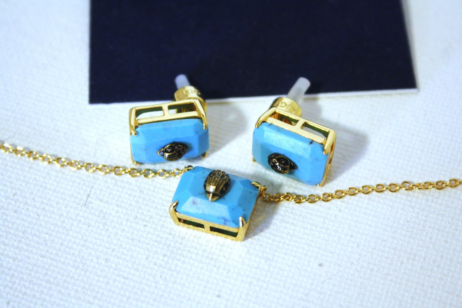 Kurt Geiger Blue Rectangular with eagle head earrings and match Necklaces NWT
