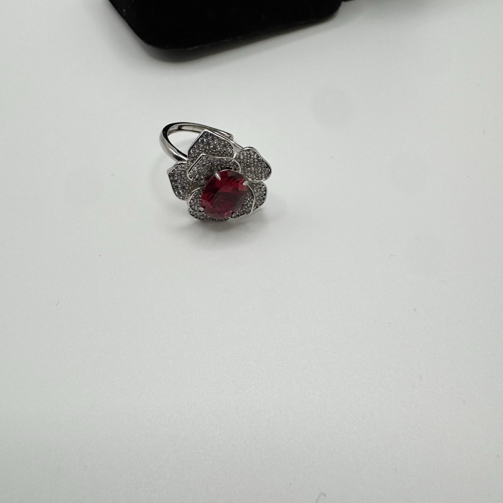 Platinum Plated Adjustable 2 ct Moissanite Pink Flower Ring Vintage Inspired