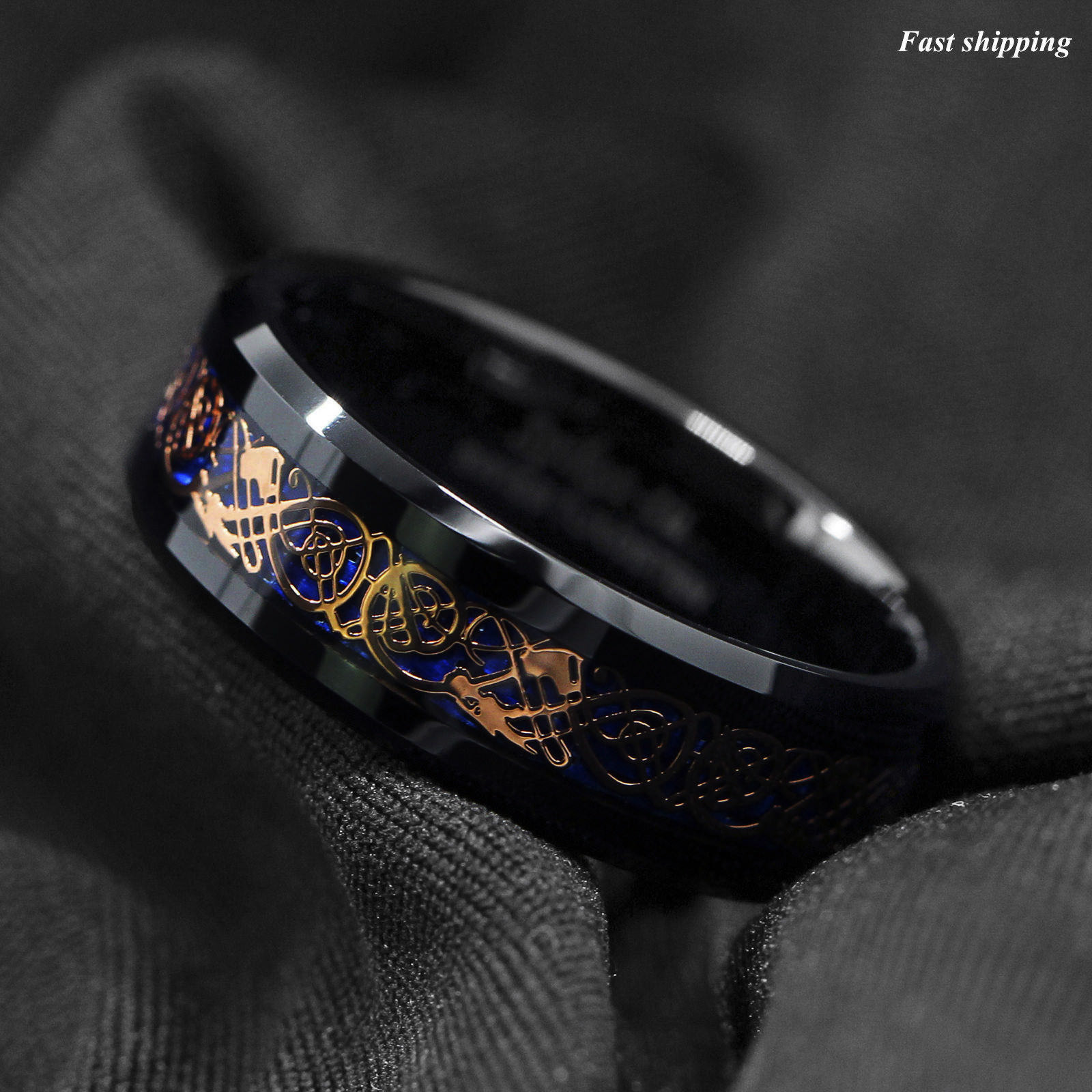 8mm Black Tungsten Ring Rose Gold Celtic Dragon Blue Carbon Fibre ATOP Jewelry
