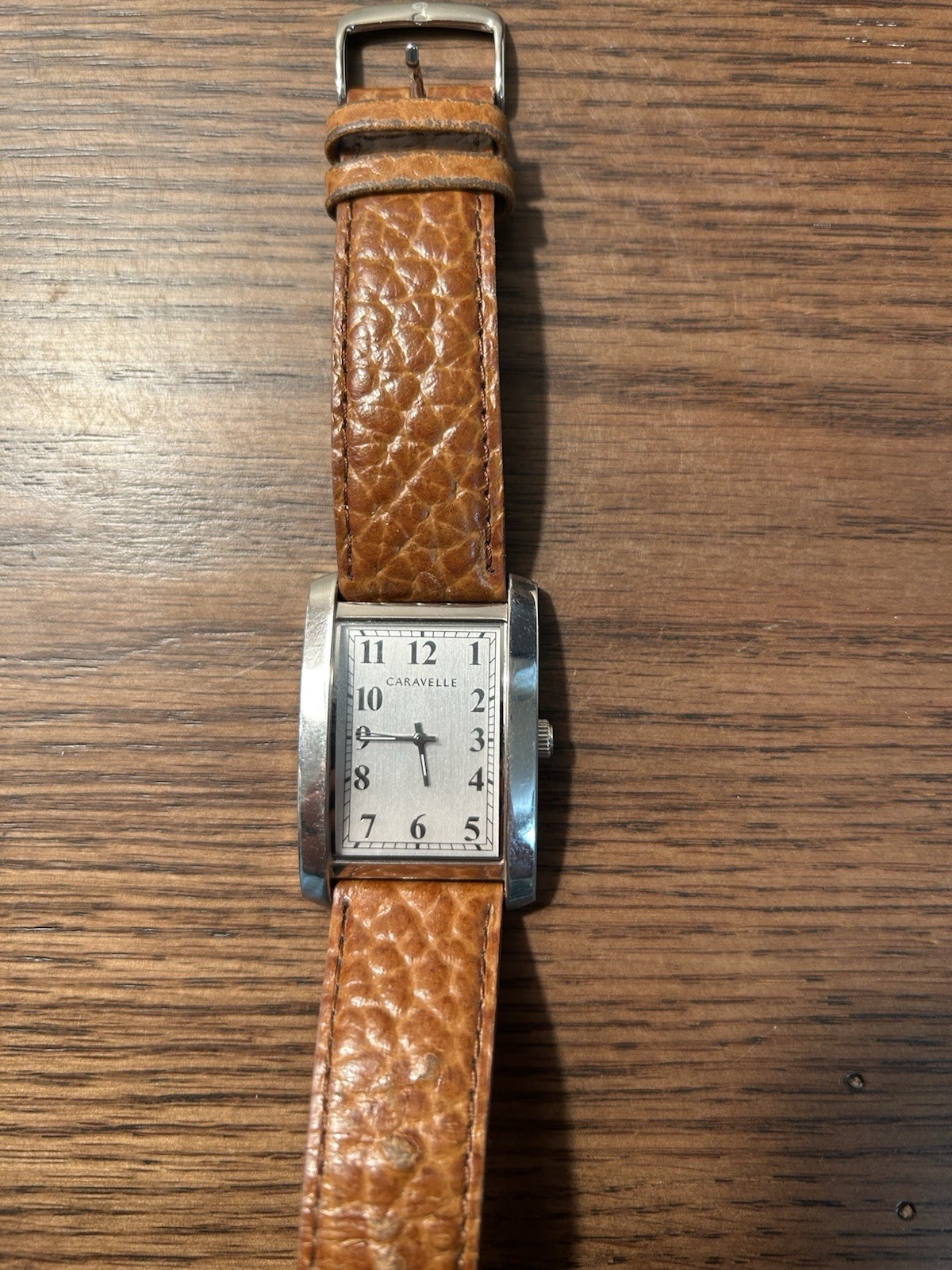 Caravelle Rectangle Quartz Watch Silver SS Case White Dial Brown Leather Strap