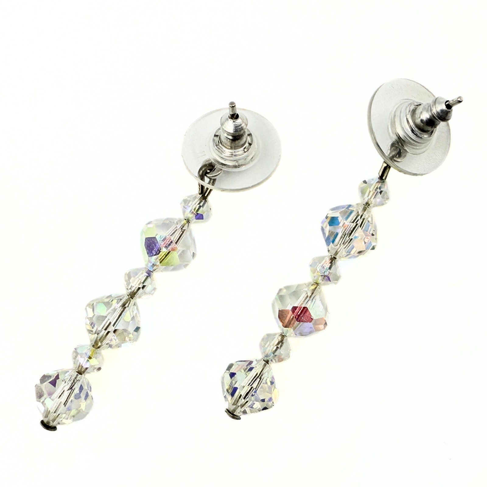 Vintage High End Aurora Borealis Crystal Long Dangle Post Earrings